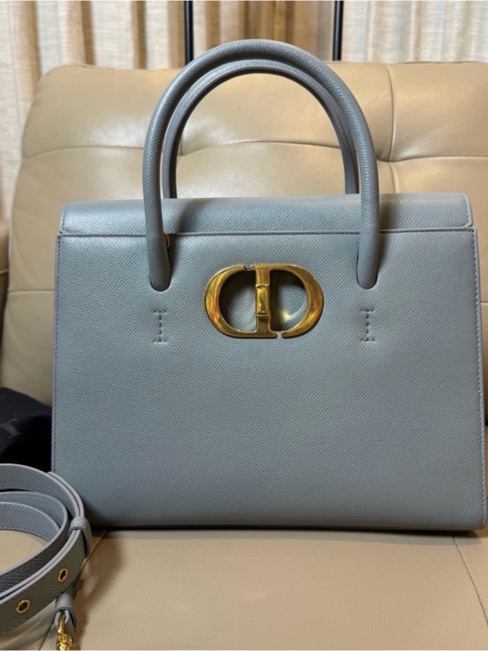 Dior St. Honoré Light Gray Leather Top-Handle Tote with Gold CD Clasp & Strap